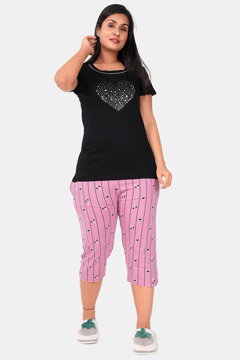 Buy Sweet Moon Knit Cotton Capri Set - Black And Pink Combination