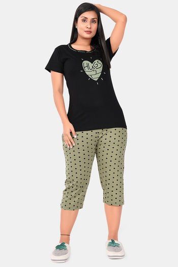 Buy Sweet Moon Knit Cotton Capri Set - Green And Black Combination
