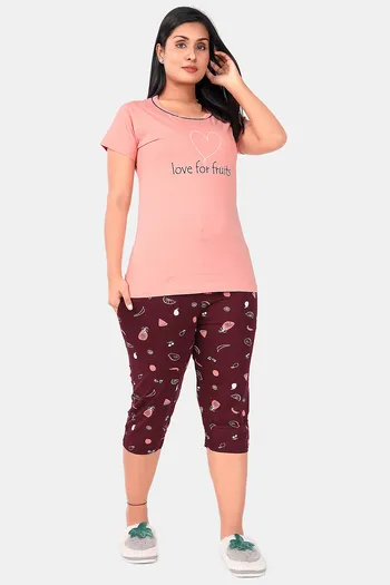 Buy Sweet Moon Knit Cotton Capri Set - Peach And Brown Combination