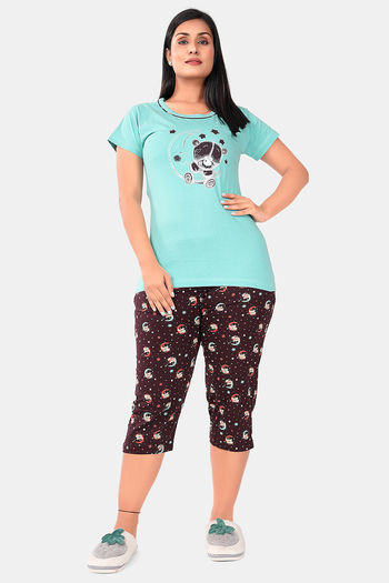 Buy Sweet Moon Knit Cotton Capri Set - Sky Blue And Brown Combination