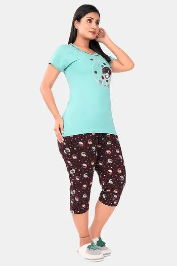 Buy Sweet Moon Knit Cotton Capri Set - Sky Blue And Brown