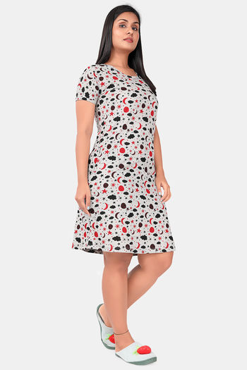 Buy Sweet Moon Knit Cotton Mid Length Nightdress - White