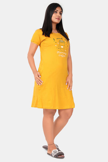 Buy Sweet Moon Knit Cotton Mid Length Nightdress - Yellow