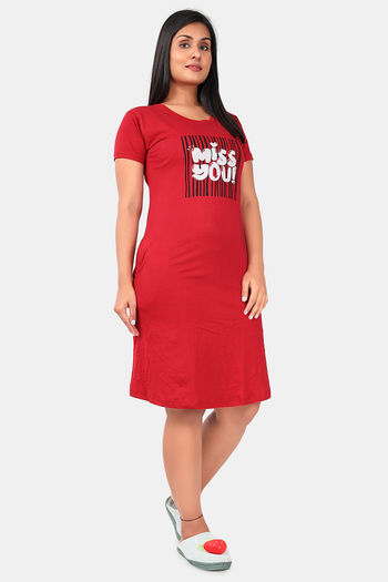 Buy Sweet Moon Knit Cotton Mid Length Nightdress - Red
