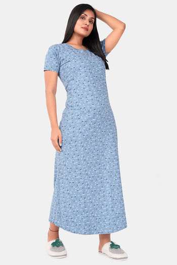 Buy Sweet Moon Knit Cotton Full Length Nightdress - Sky Blue 