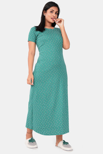 Buy Sweet Moon Knit Cotton Full Length Nightdress - Green