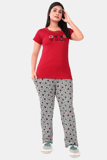 Buy Sweet Moon Knit Cotton Pyjama Set - Red And Black Combination