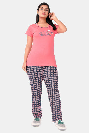 Buy Sweet Moon Knit Cotton Pyjama Set - Peach And Navy Blue Combination