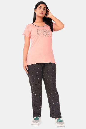 Buy Sweet Moon Knit Cotton Pyjama Set - Peach And Dark Grey Combination