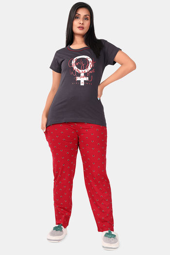 Buy Sweet Moon Knit Cotton Pyjama Set - Dark Grey And Red Combination at   online | Nightwear online