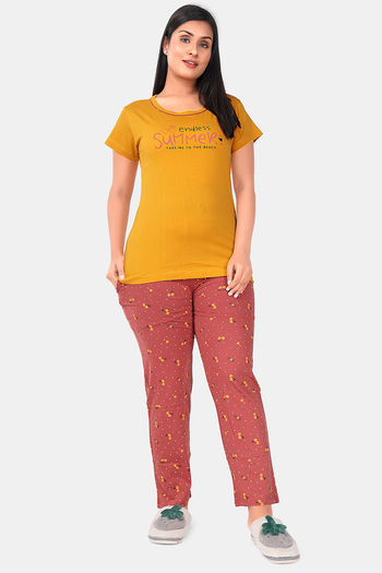 Buy Sweet Moon Knit Cotton Pyjama Set - Mustard And Brick Color Combination