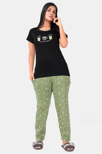 Buy Sweet Moon Knit Cotton Pyjama Set - Black And Pista Combination