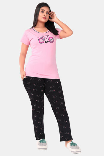 Buy Sweet Moon Knit Cotton Pyjama Set - Baby Pink And Black Combination