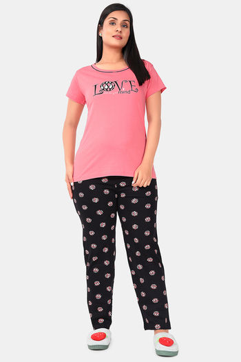 Buy Sweet Moon Knit Cotton Pyjama Set - Baby Pink And Black Combination