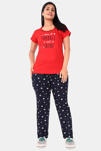 Buy Sweet Moon Knit Cotton Pyjama Set - Red And Navy Blue Combination