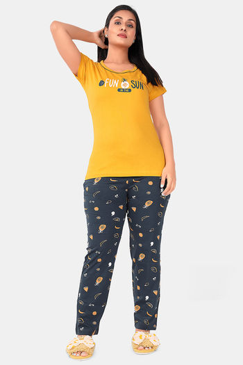 Buy Sweet Moon Knit Cotton Pyjama Set - Yellow And Anvy Blue Combination