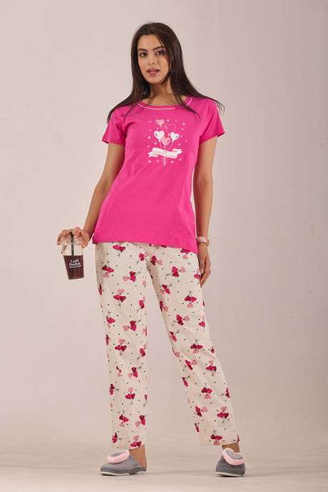 Sweet Moon Knit Cotton Pyjama Set - Cream Darkpink