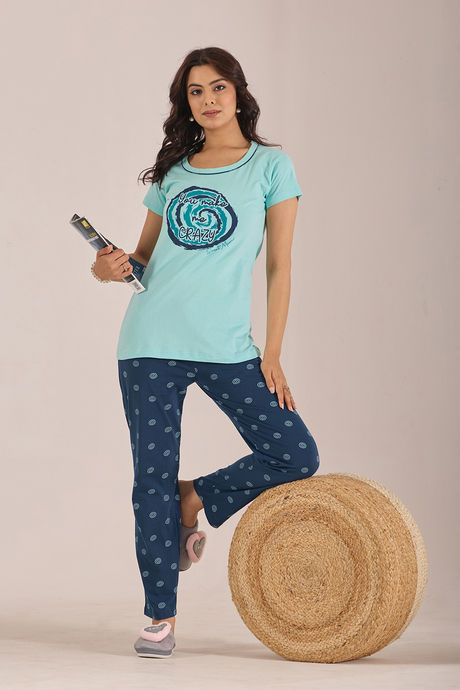Sweet Moon Knit Cotton Pyjama Set - Navyblue Skyblue