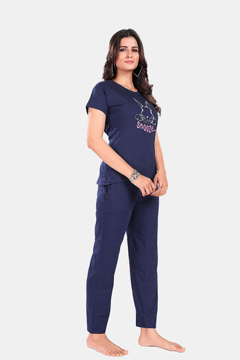 Sweet Moon Polyester Cotton Loungewear Set Navy Blue