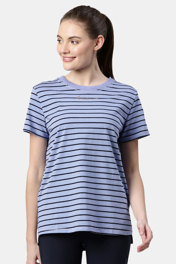 Buy Enamor Anti Microbial Relaxed Top - Purple Slate Stripe Be Here Now Graphic