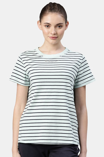 Buy Enamor Anti Microbial Relaxed Top - Soft Aqua Stripe Be Here Now Graphic