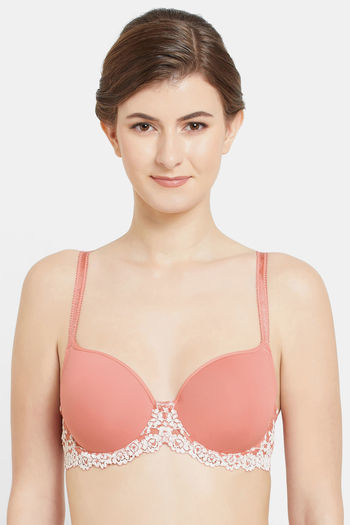 pink and white lace bra