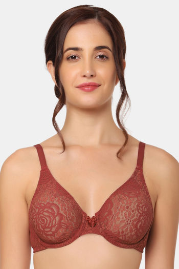 Halo Lace Non-Padded Wired 3/4Th Cup Lace Comfort Bra - Red