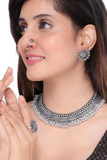 Oxidised Silver-Plated & Red Crystal-Studded Ghungroo Jewellery Set