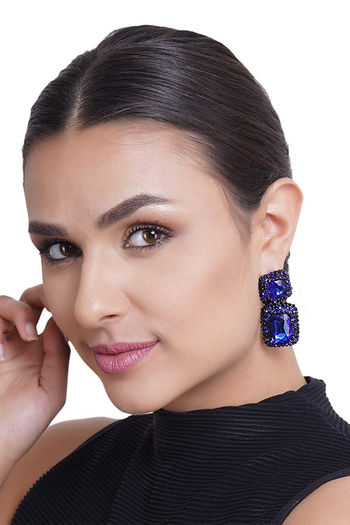 Yellow Chimes Designer Fashion Party Wear Blue Square Crystal Drop Earrings