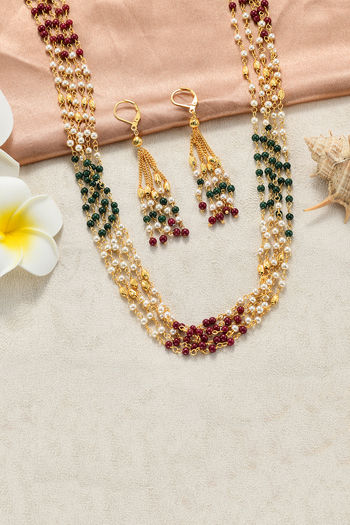 Yellow Chimes White Pearl Multi-Layer Gold Plated Traditional Long Chain  Necklace Set