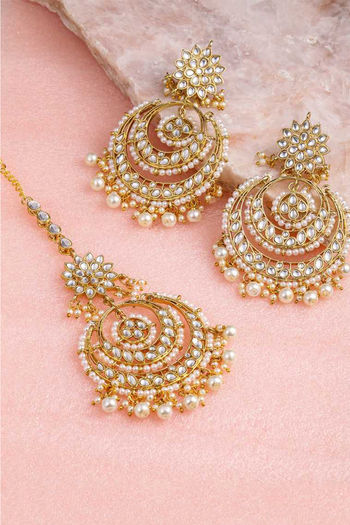 I Jewels Navratri Ethnic Stylish Silver Oxidised Kundan Pearl Chandbali  Earrings With Maang Tikka Set - I Jewels - 4246530