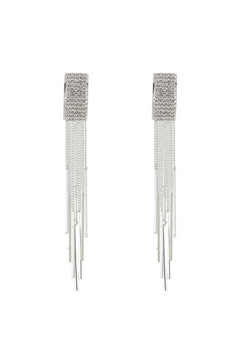 Yellow Chimes Latest Fashion White Crystal Fancy Long Chain Silver Plated  Dangler Earrings