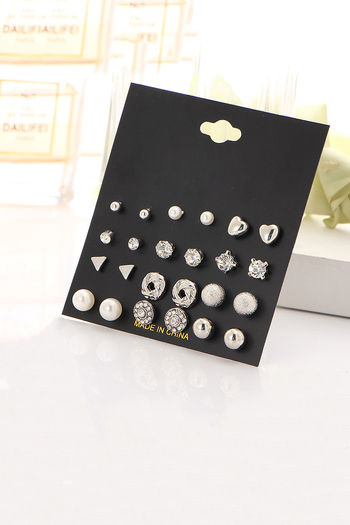 Yellow Chimes Trendy Silver Toned of 12 Pairs Combo Stud Earrings