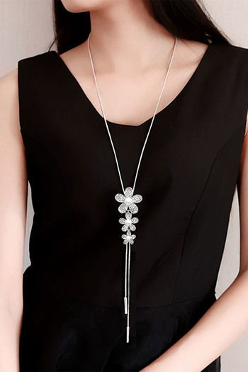 Yellow Chimes Floral Fancy Crystal Studded Pearl Silver toned Long Chain  Pendant