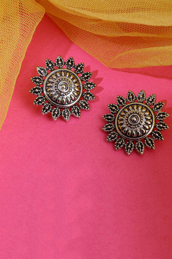 Yellow Chimes Pairs of Traditional Silver Oxidised Combo Ethnic Stud  Earrings