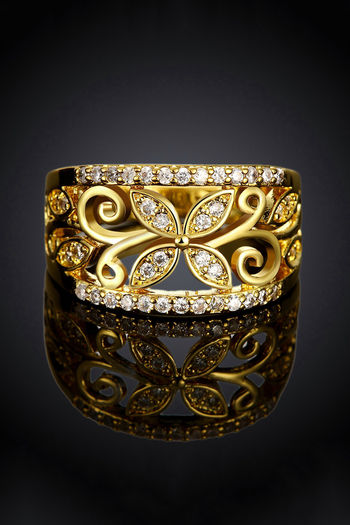 Yellow Chimes Designer Golden Flower Crystal studded Band Style Finger Ring