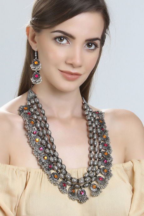 Yellow Chimes German Oxidized Silver Statement Style Afghani Designer  Multi-Layer Necklace Set with Earrings Assorted