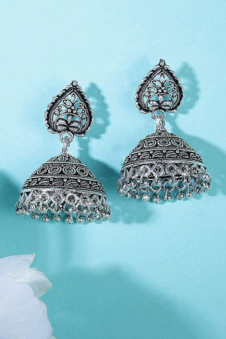 Traditional Indian Silver Plated Chandbali Jhumka Earrings Long Chandelier  — Discovered