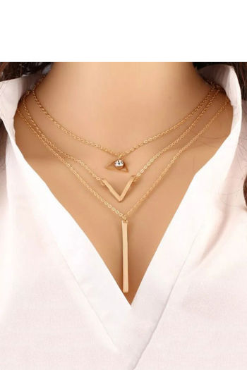 Yellow Chimes Multi Layered Geometric Long Chain Crystal Gold Plated Choker  Necklace Gold