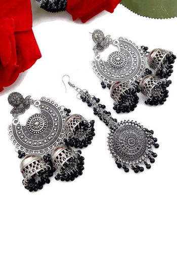 Buy Grey Silver Plated Earrings With Maang Tikka Online From Wholesale  Salwar.
