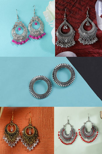 Buy PANASH Oxidized Silver-Toned Multicolor Enameled Crescent Shaped Chandbali  Earrings online