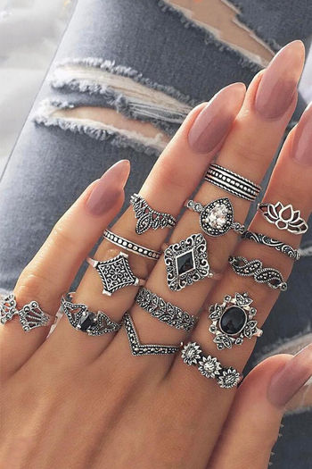 Yellow Chimes Combo 15 Pcs Vintage Silver Knuckle Rings Set Silver