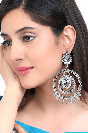 LACE IT Traditional Silver Oxidized Double Chandbali Earrings