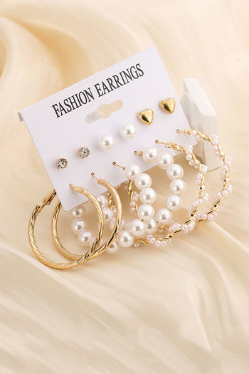 Yellow Chimes Trendy Gold Toned of Pairs Crystal Pearl Stud Hoop Earrings  Set Gold