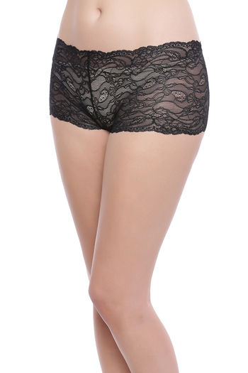 Zivame Super Soft Lace Kissed Boy-Short Brief- Black