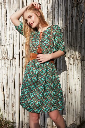 Zephyr Abstract Printed Shift Dress With Tassel Detail- Teal Carpet