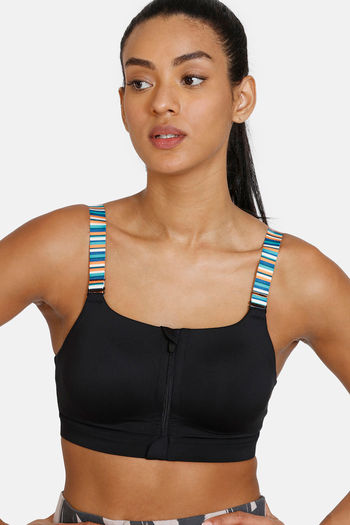 Zelocity High Impact Quick Dry Front Opening Multicolor Strap Sports Bra - Jet Black