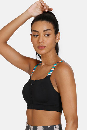 Buy Zelocity High Impact Quick Dry Front Opening Multicolor Strap Sports Bra  - Jet Black at Rs.1607 online