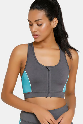 Zelocity Padded Front-Open Zipper Sports Bra With Removable Padding - Grey