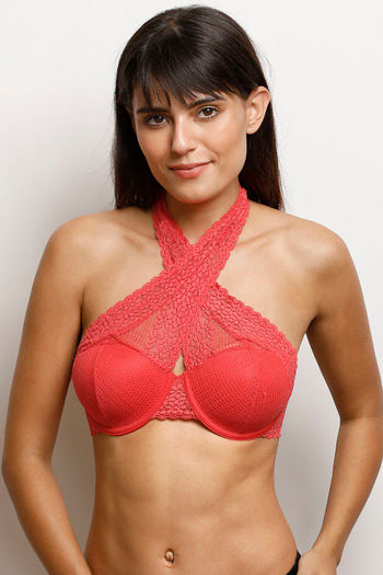 Zivame Moroccan Lace Padded Wired Medium Coverage Halter Bra - Bittersweet